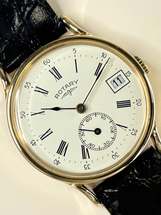 Vintage Rotary Ref. 1967 men’s gold plated dress timekeeper showcasing elegant 1960s Swiss design with original box