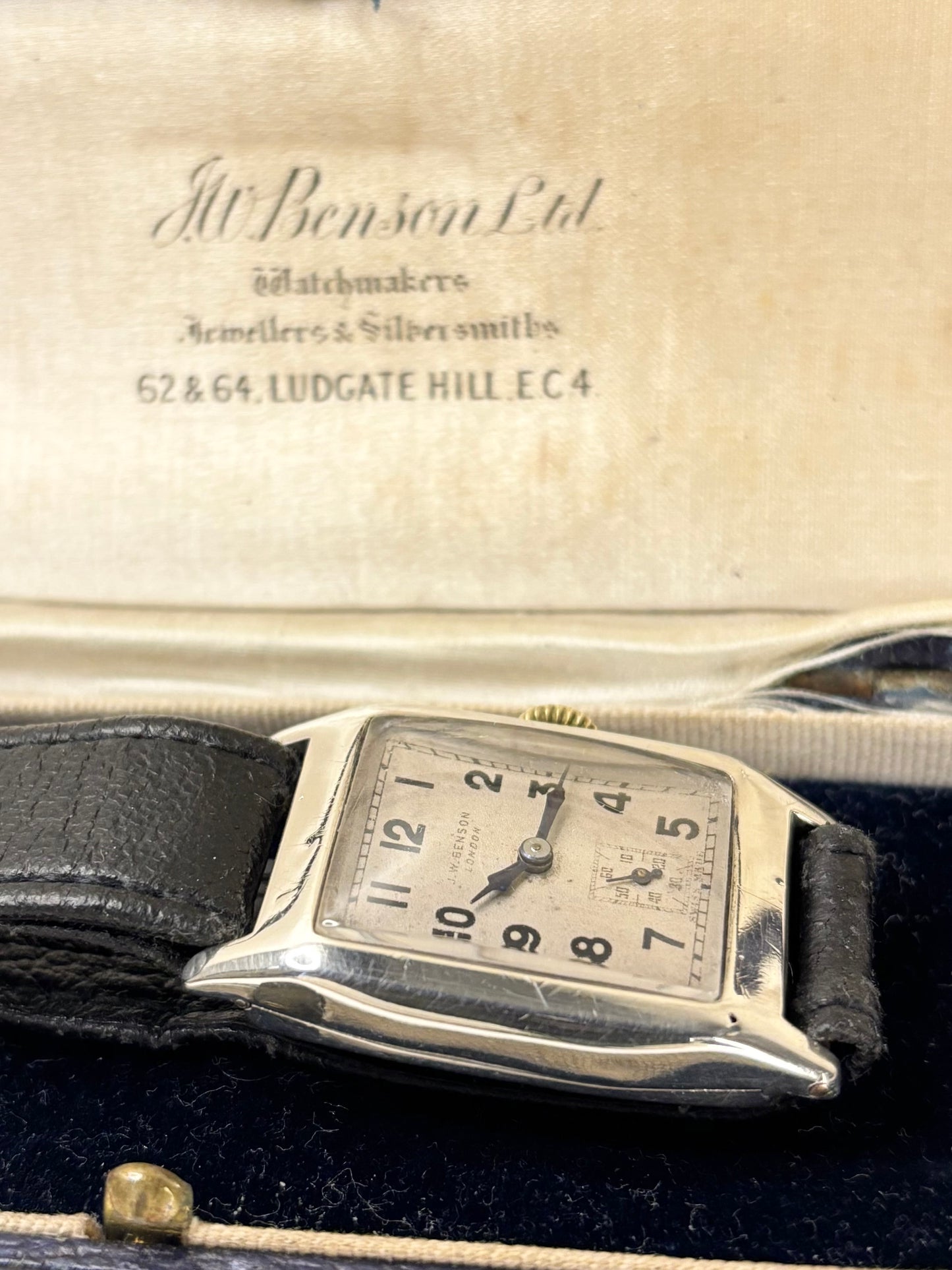 J W BENSON Solid Silver *BOXED* Vintage 1940’s Men’s Manual Sub-Seconds Tank Watch