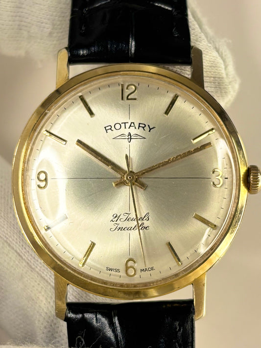 Vintage Rotary Ref. 1967 men’s gold plated dress timekeeper showcasing elegant 1960s Swiss crosshair dial design