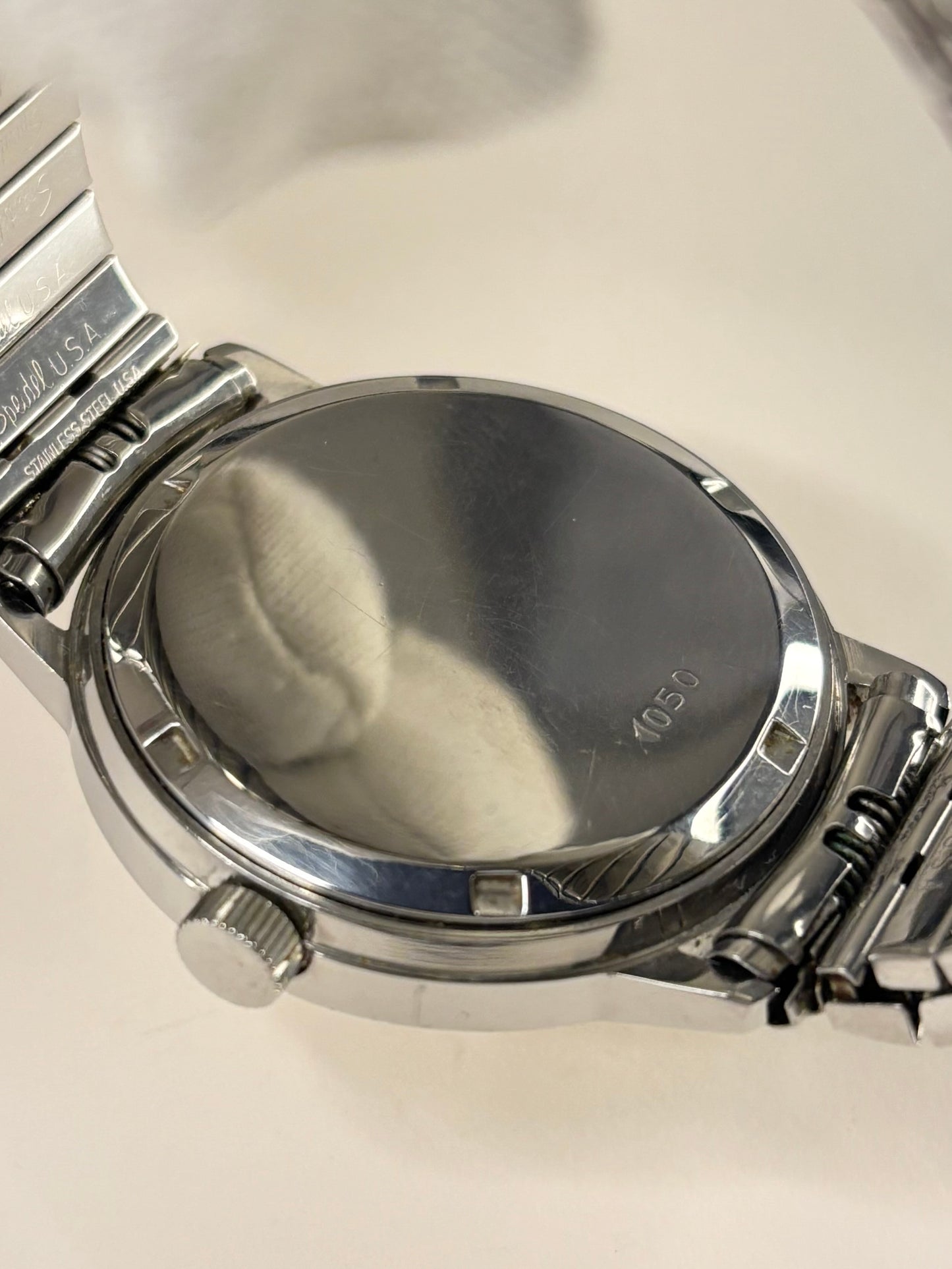 Rotary 1981 stainless steel men’s vintage dress timekeeper caseback view with hallmark details