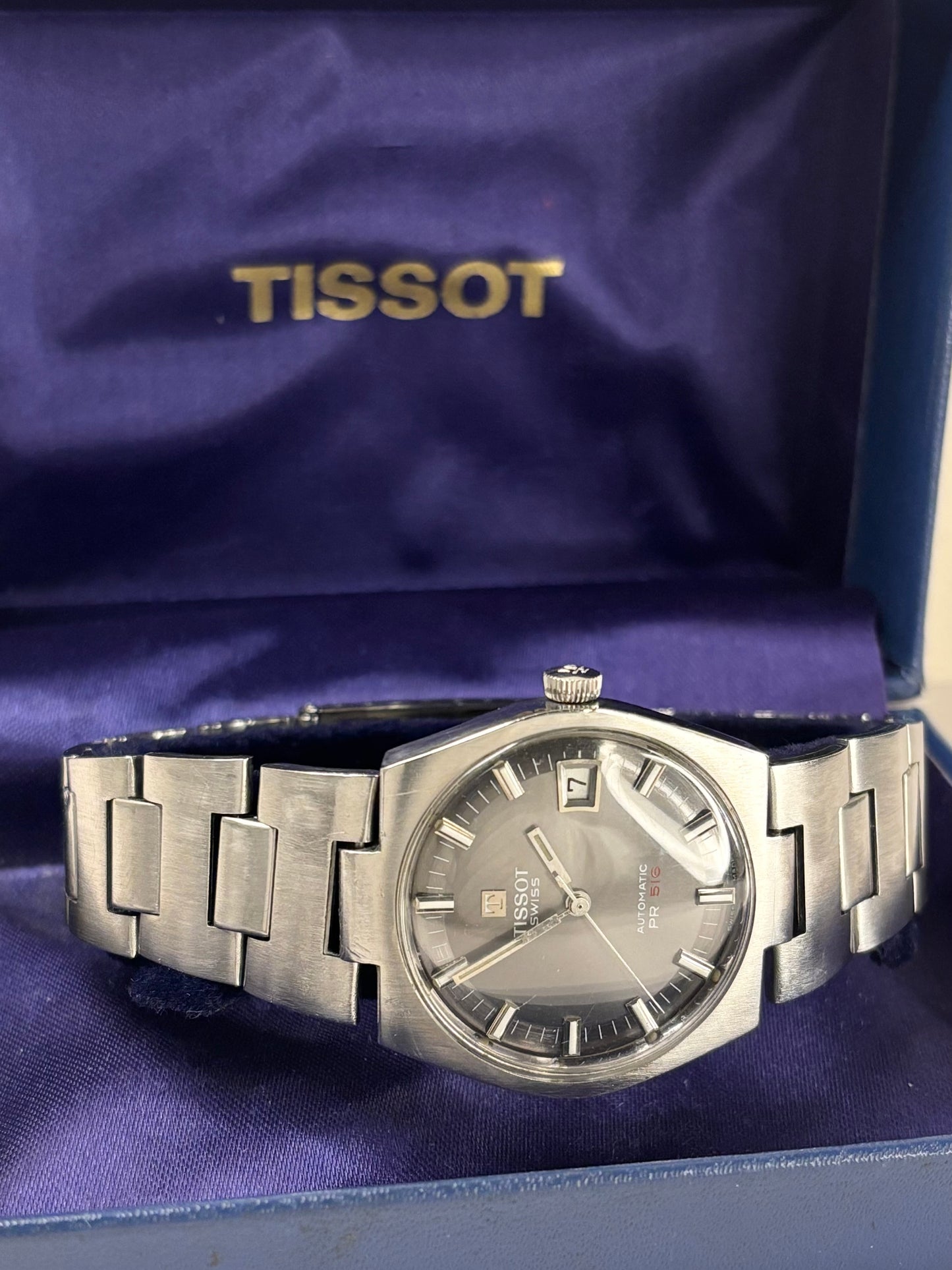 Tissot PR516 Vintage 1970’s *+BOX* Men’s Grey Dial Automatic Date Silver Watch - 44630 - Cal. 784