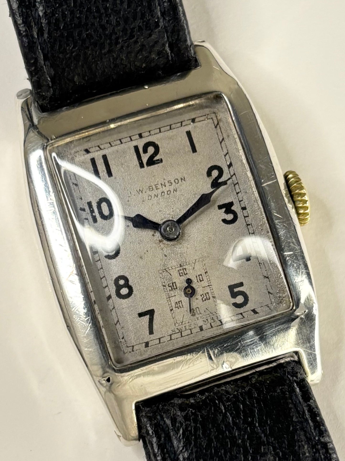 J W BENSON Solid Silver *BOXED* Vintage 1940’s Men’s Manual Sub-Seconds Tank Watch