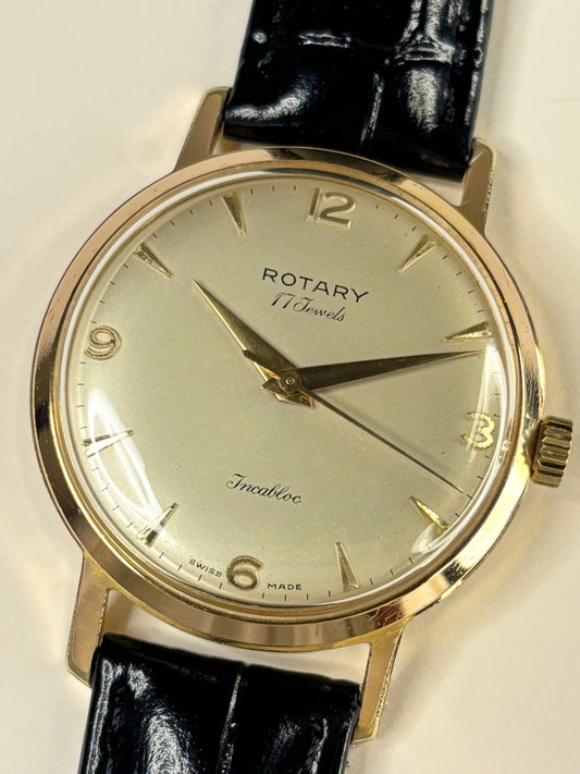 Vintage Rotary Ref. 1967 men’s gold plated dress timekeeper showcasing elegant 1960s Swiss design