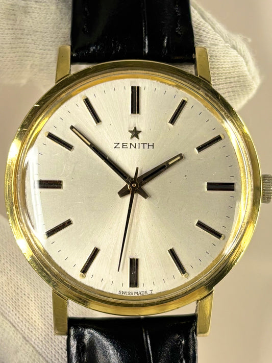 Vintage Zenith 1968 men’s gold plated dress timekeeper showcasing elegant Swiss design with sunburst dial
