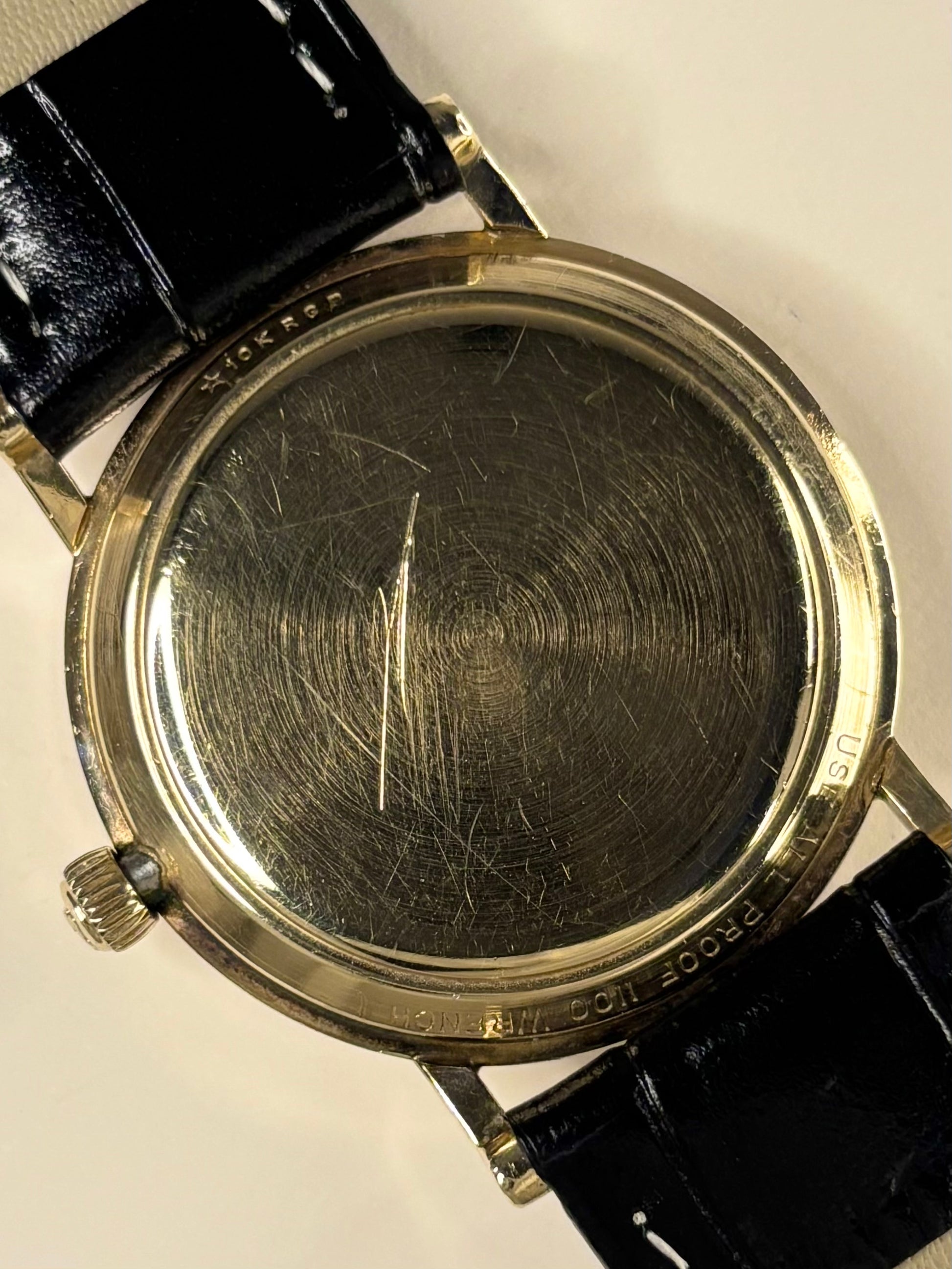 Caseback of Longines Wittnauer vintage 1960s rolled gold manual wind watch