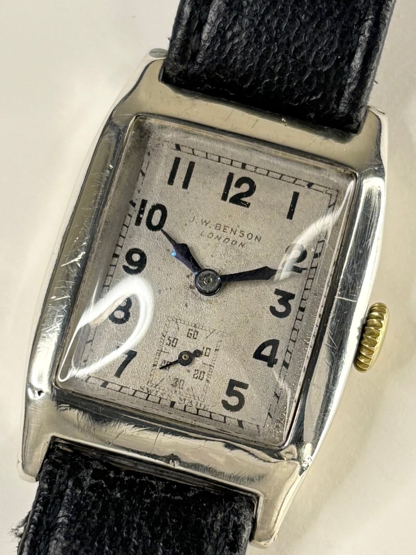 J W BENSON Solid Silver *BOXED* Vintage 1940’s Men’s Manual Sub-Seconds Tank Watch