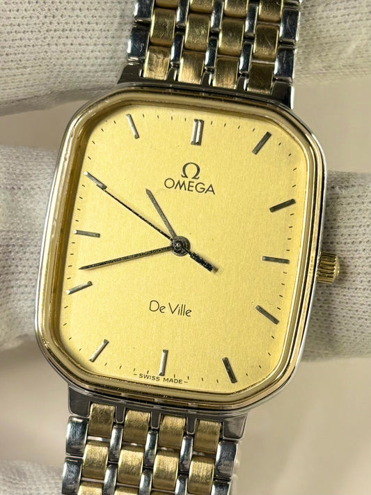 Omega De Ville men’s quartz dress watch, gold-toned dial, bimetal case, c.1982