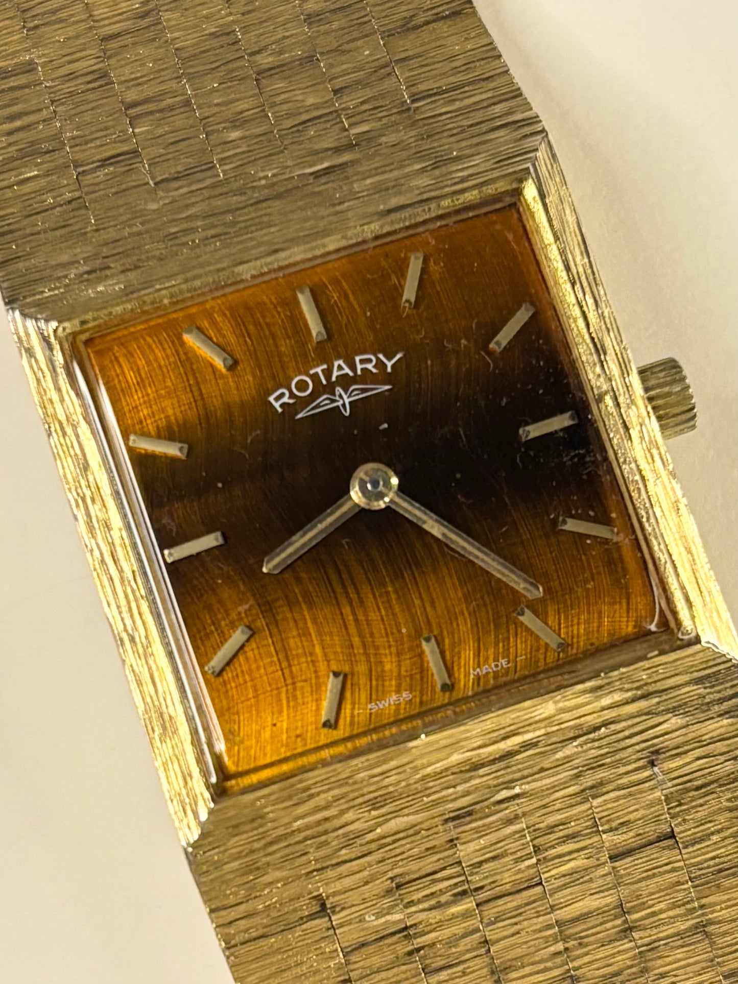 Close-up of Rotary 214 vintage men’s manual watch with gold-plated case and rare dial
