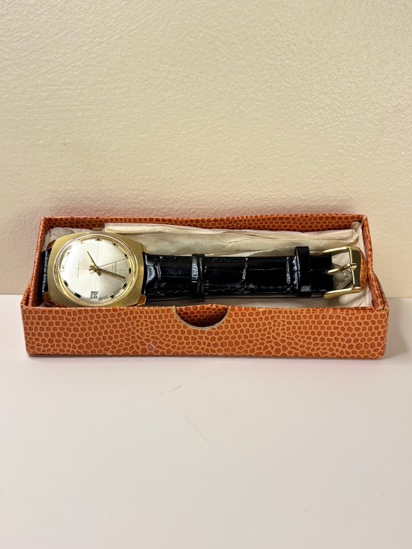 Ingersoll 1971 — 34mm gold-plated case, manual wind dress watch, white sunburst dial, in its original box