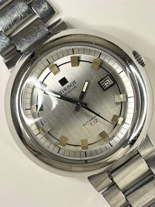 Vintage Tissot Ref. 44592 men’s stainless steel UFO style timekeeper showcasing bold 1970s Swiss design