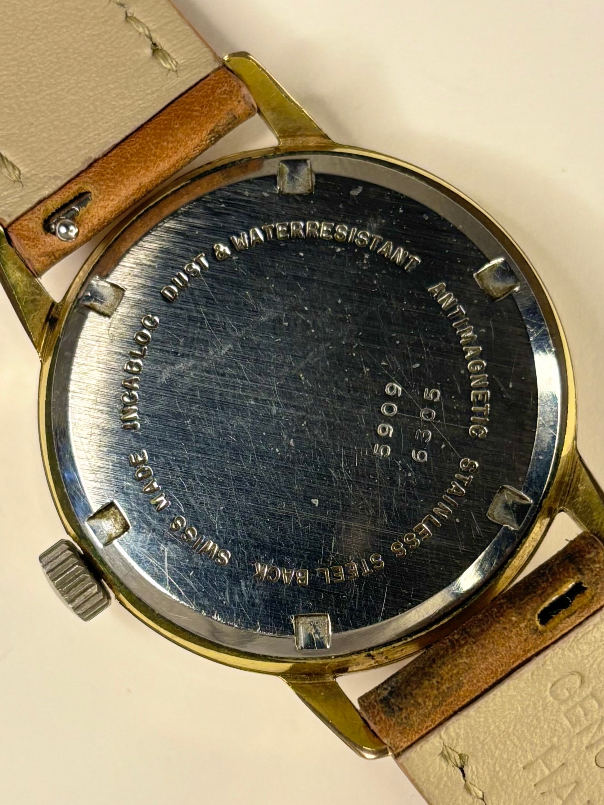 Caseback of vintage Avia Olympic 1960s gold plated manual wind watch