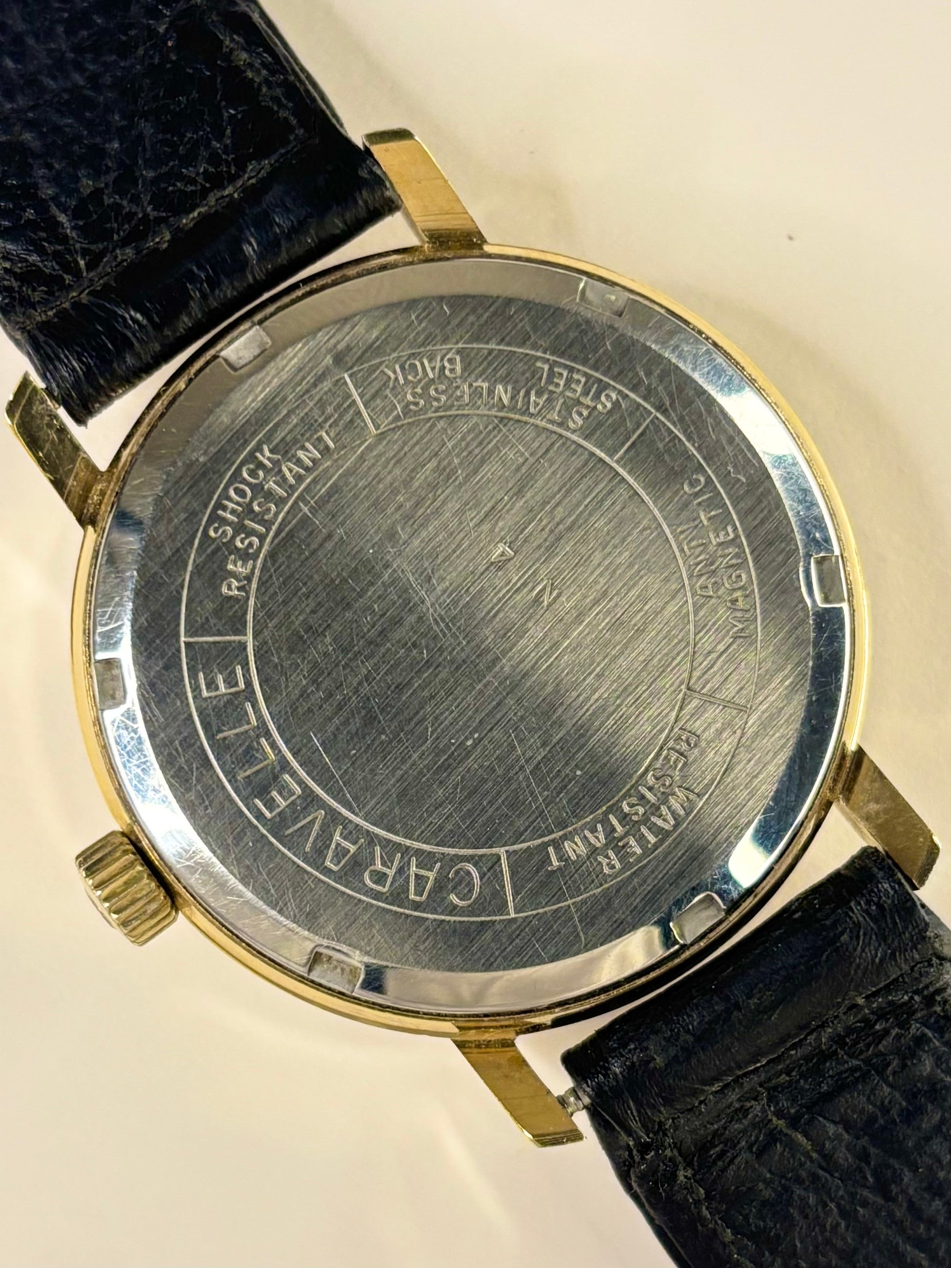 Caseback of Caravelle vintage 1974 men’s gold plated manual wind watch