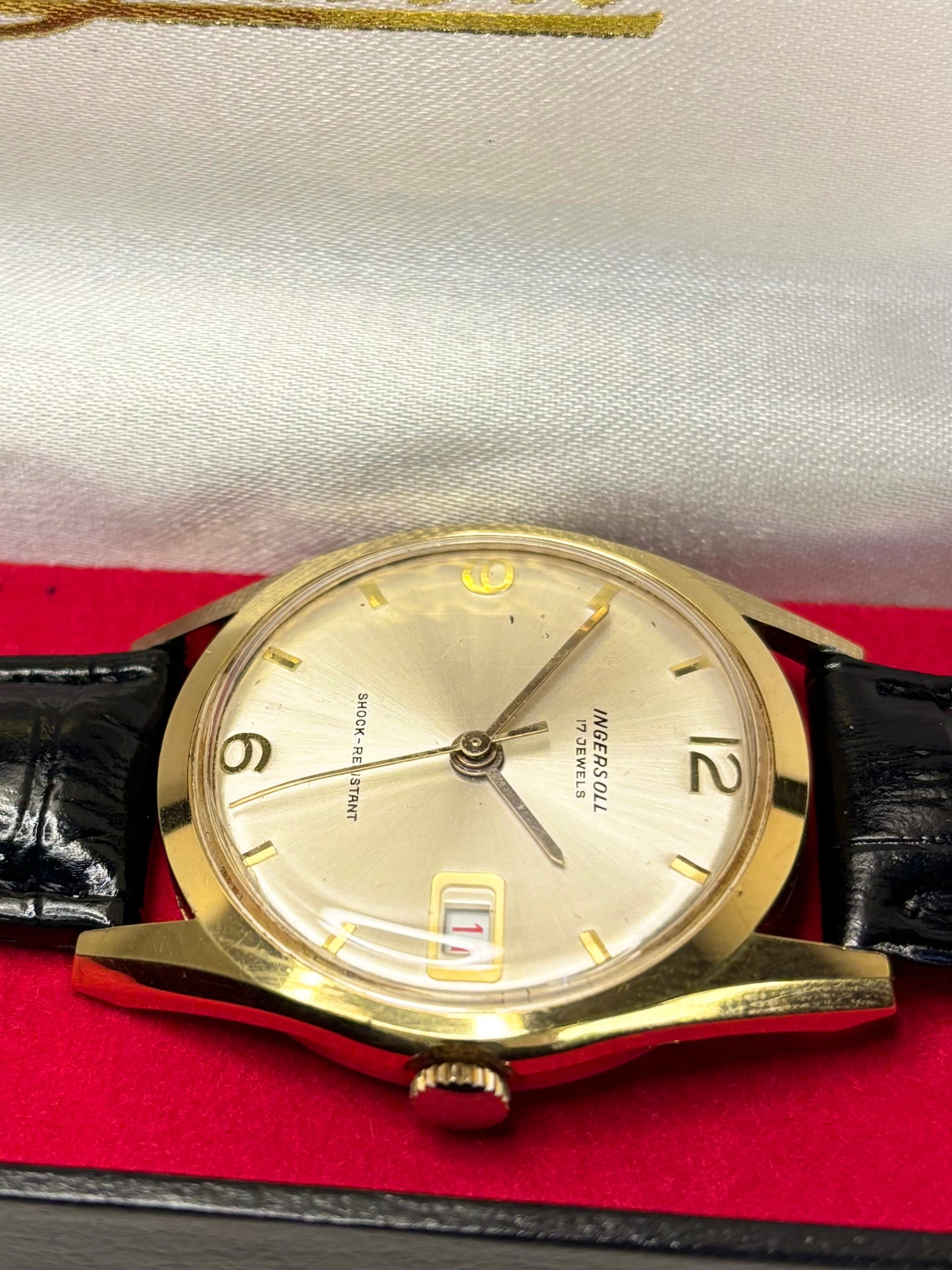 Ingersoll 1966 gold plated men’s vintage dress timekeeper caseback view with hallmark details boxed