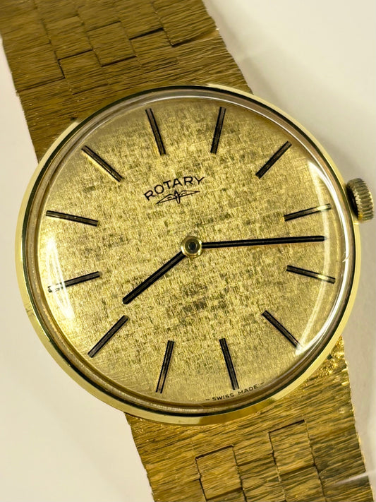 1970s Rotary men’s manual wind dress watch with gold-plated case and bark effect leather strap