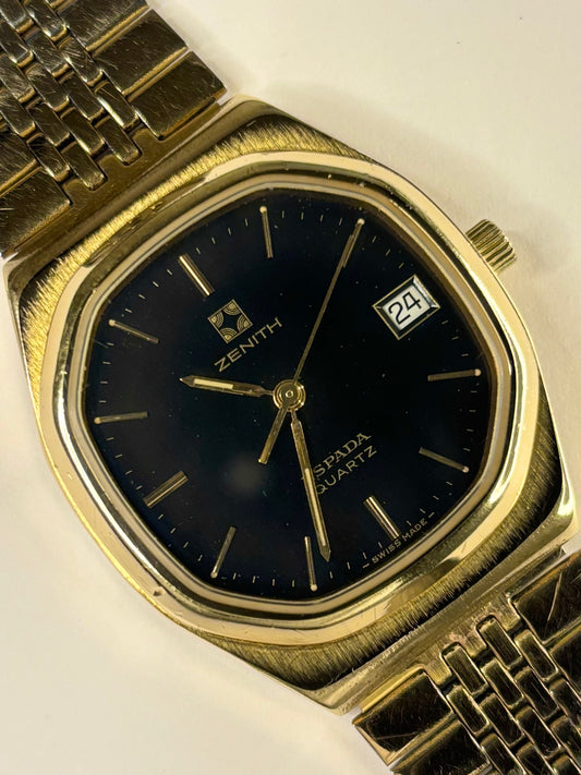 Close-up of Zenith vintage men’s quartz dress watch, black dial, gold-plated case, ref. 27 0050 425