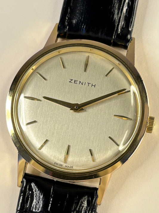 Vintage Zenith 1965 men’s gold filled dress timekeeper showcasing elegant mid-1960s Swiss design