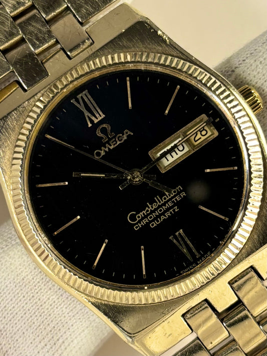 1970s Omega Constellation Ref. 198.0118 quartz dress watch black dial gold filled case