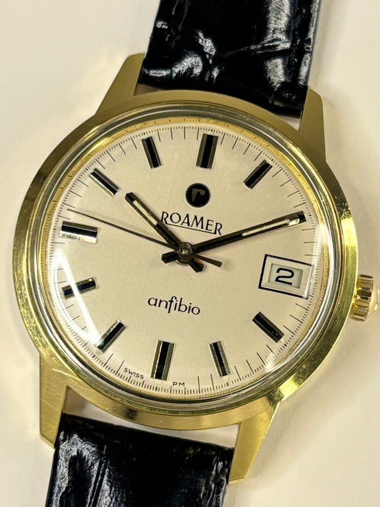 Vintage Roamer Ref. 1972 men’s gold plated dress timekeeper showcasing elegant 1970s Swiss design