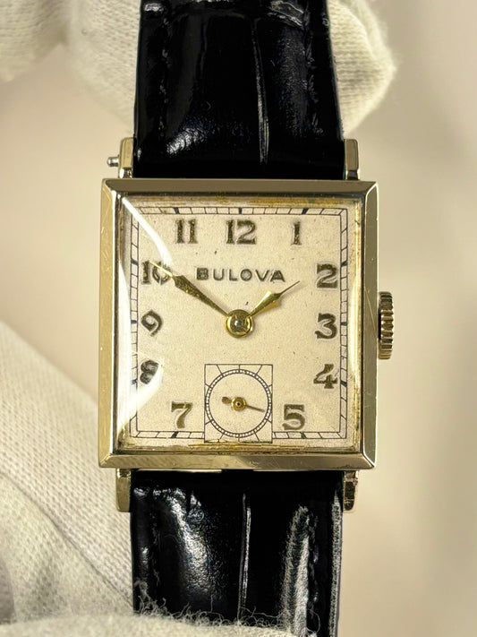 1951 Bulova manual wind men’s watch, 10K gold filled case, white dial, vintage dress style