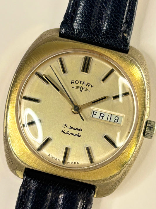 Vintage Rotary Ref. 1966 men’s gold plated dress timekeeper showcasing elegant 1960s Swiss design