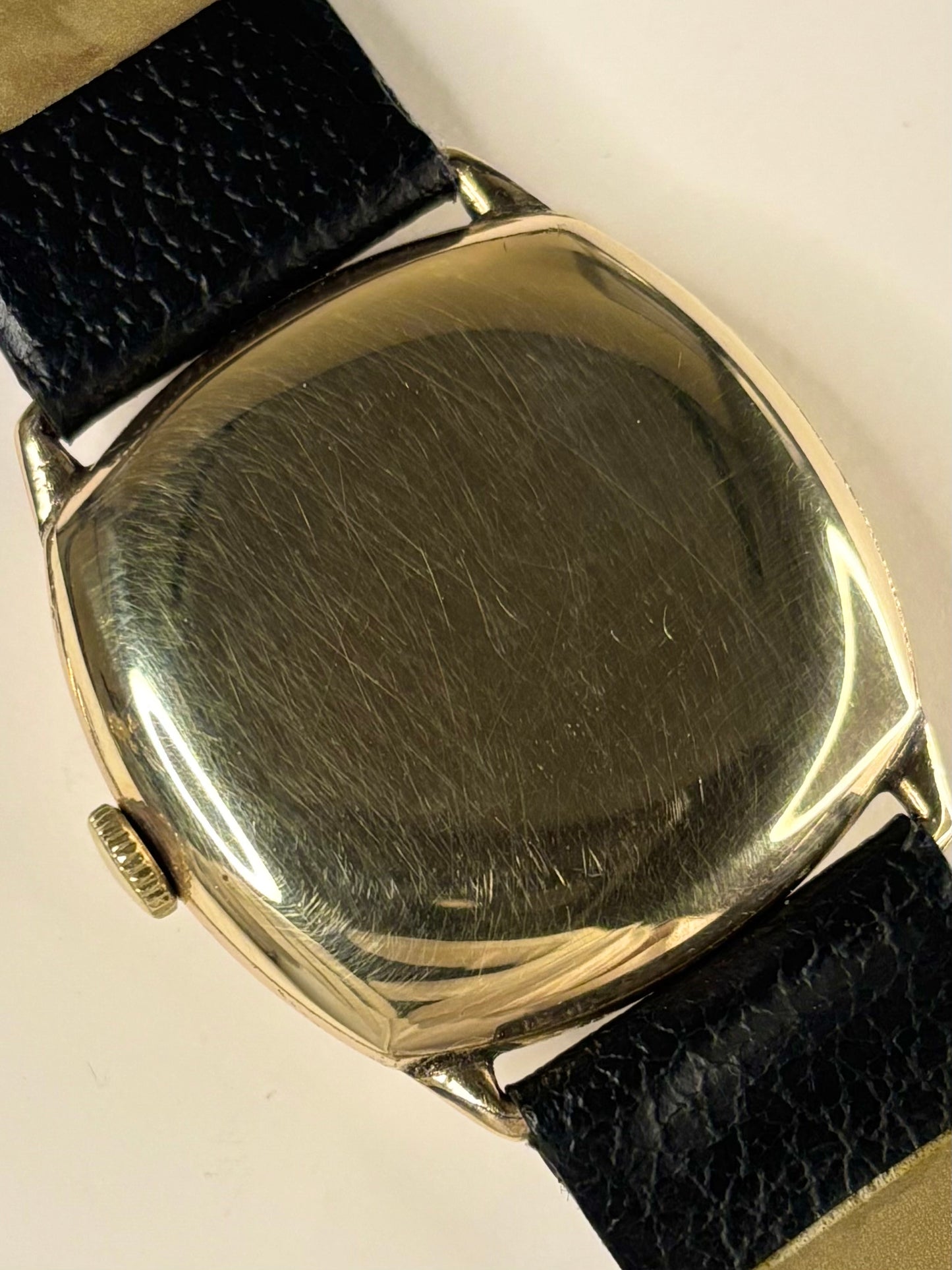 Vintage Sackville cushion timepiece 1945 — manual wind timekeeper with rolled gold 30mm case, crown and caseback detail