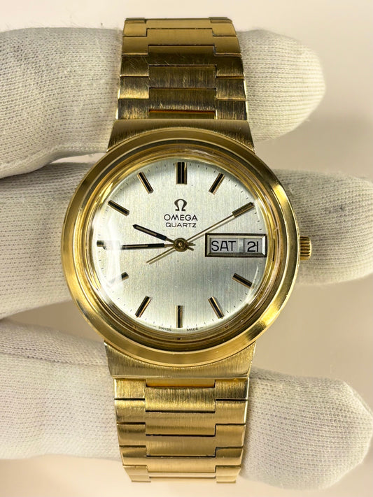 Vintage Omega Ref. 196.0058 men’s gold plated dress timekeeper showcasing elegant 1970s Swiss design