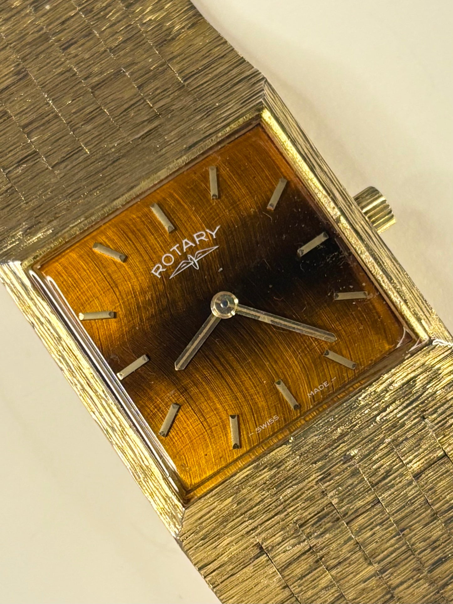 Rotary 214 vintage men’s watch with rare tiger’s-eye dial and gold-plated case, c.1971