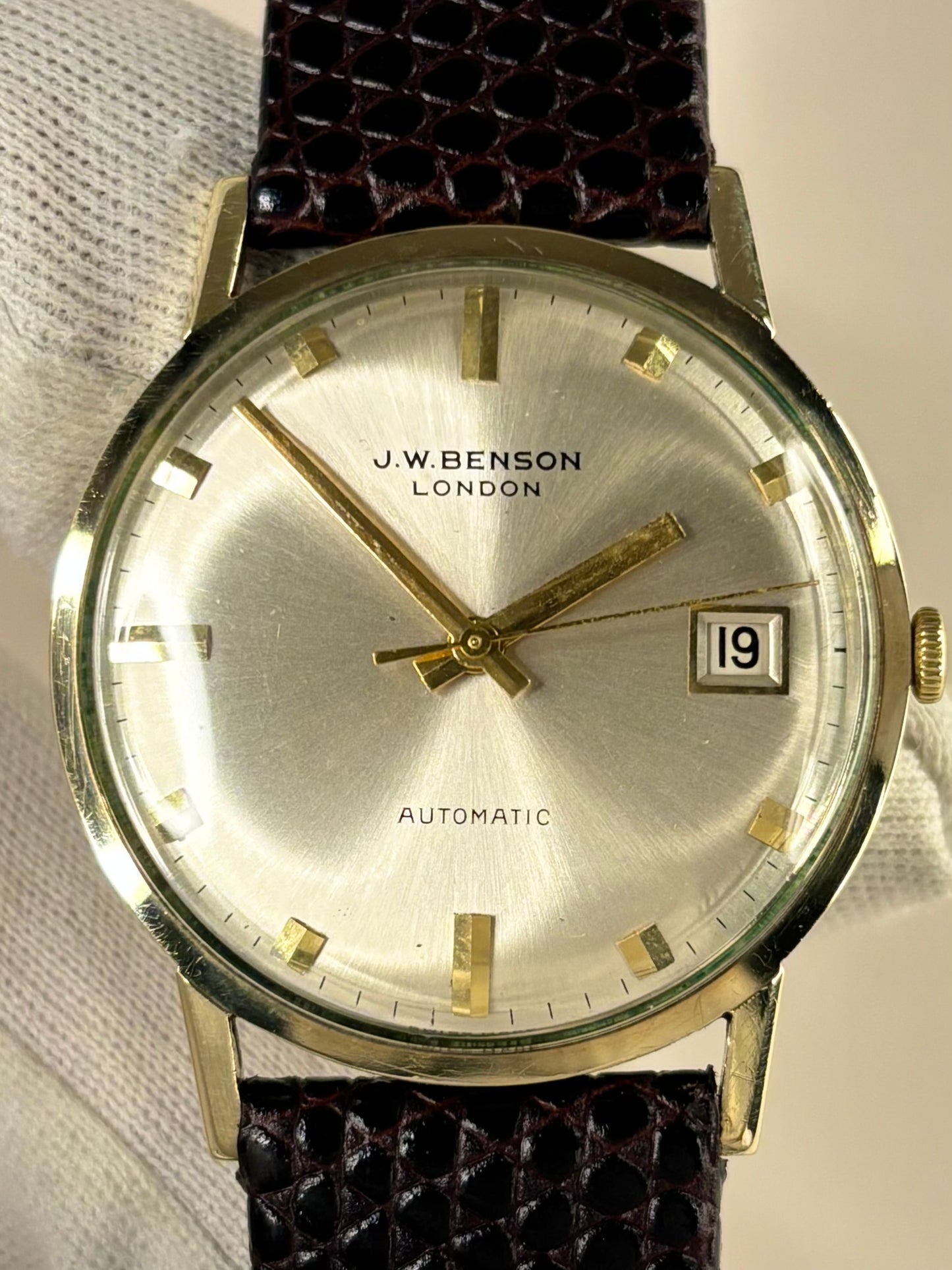J W BENSON 9ct Gold *WITH PAPERS* Vintage 1960’s Men’s Automatic Date Gold Dress Watch