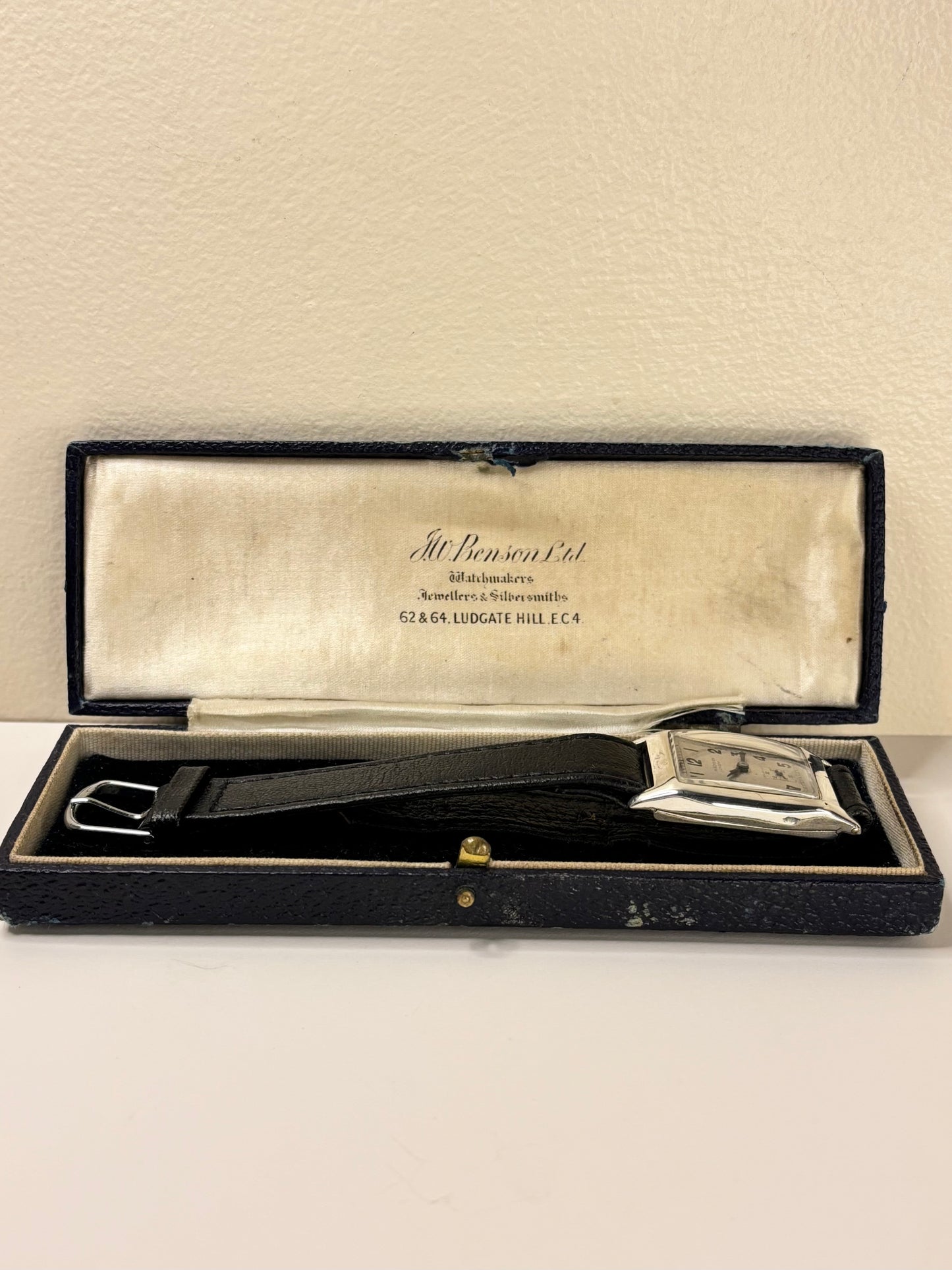 J W BENSON Solid Silver *BOXED* Vintage 1940’s Men’s Manual Sub-Seconds Tank Watch