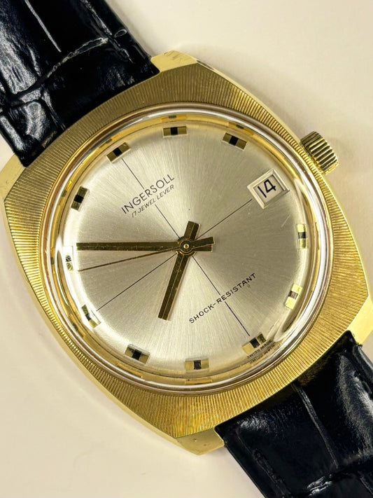 Ingersoll 1971 dress watch — 34mm gold-plated case, manual wind movement, white sunburst dial