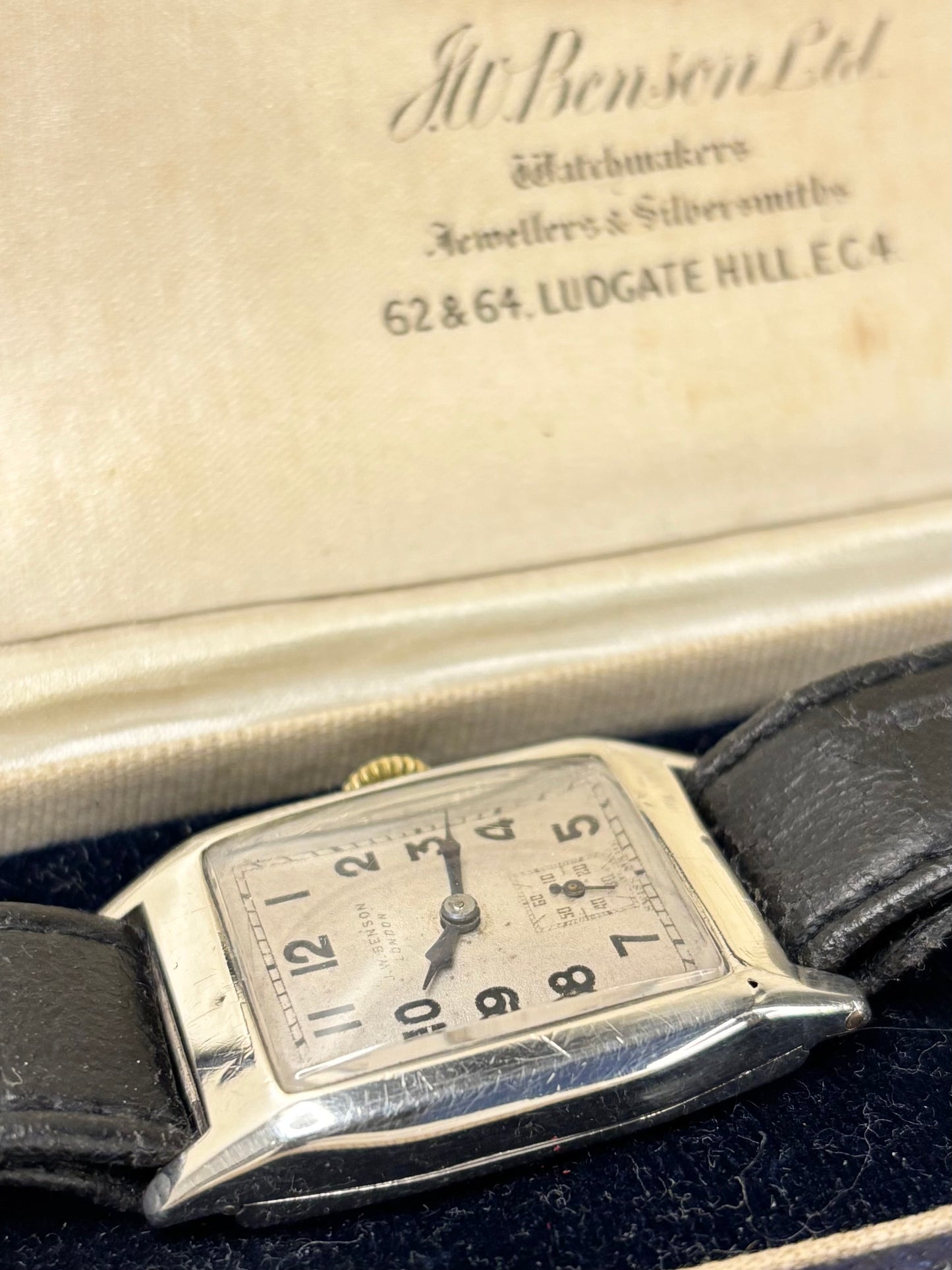 J W BENSON Solid Silver *BOXED* Vintage 1940’s Men’s Manual Sub-Seconds Tank Watch