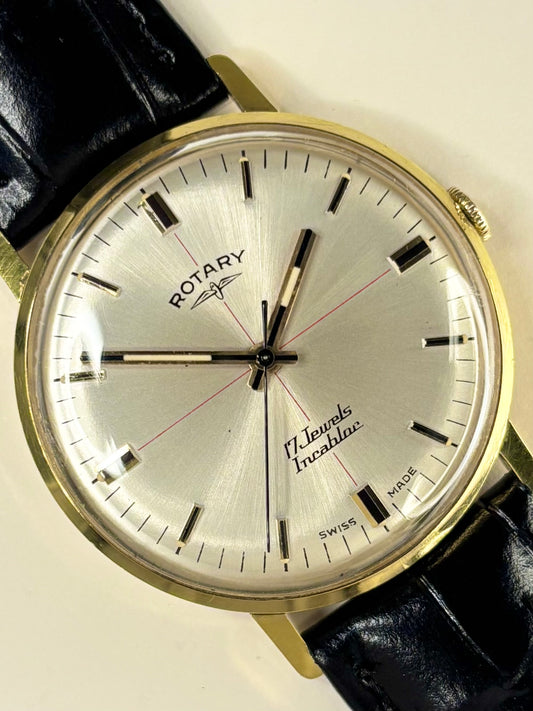 Vintage Rotary Ref. 1969 men’s gold plated dress timekeeper showcasing refined 1960s Swiss design with original box