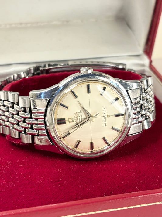 Classic 1950s Omega Constellation automatic men’s watch steel case crosshair dial