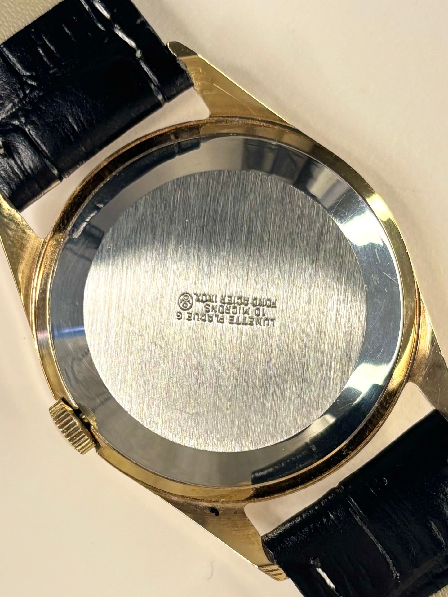 Caseback of Oris vintage men’s watch, 34mm case including crown, manual wind