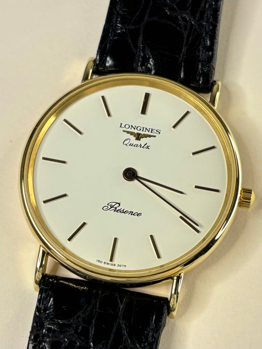 Longines Presence 1991 vintage men’s timepiece solid gold quartz excellent condition