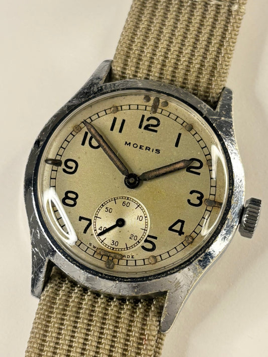 Moeris 1940s WWII vintage men’s timepiece with caseback engravings