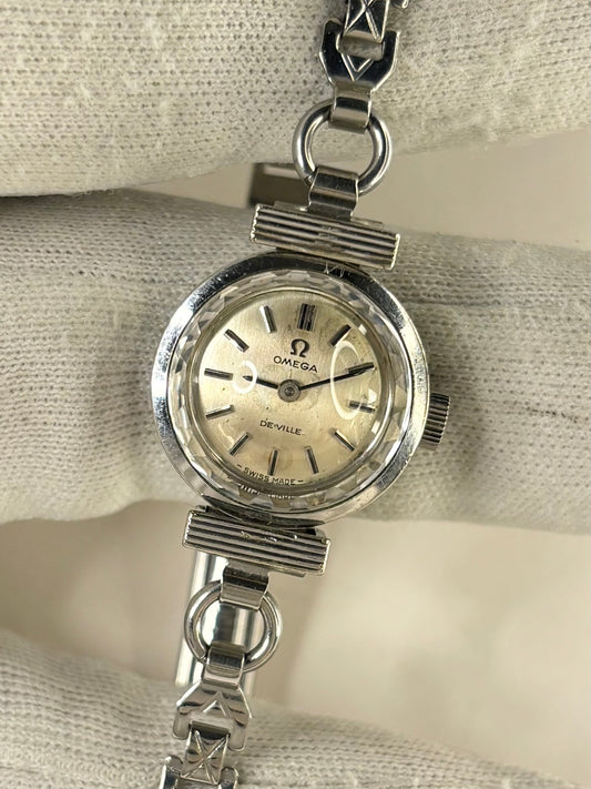 OMEGA De Ville Ladies Vintage 1960’s Manual Diamond Bezel Silver Cocktail Watch
