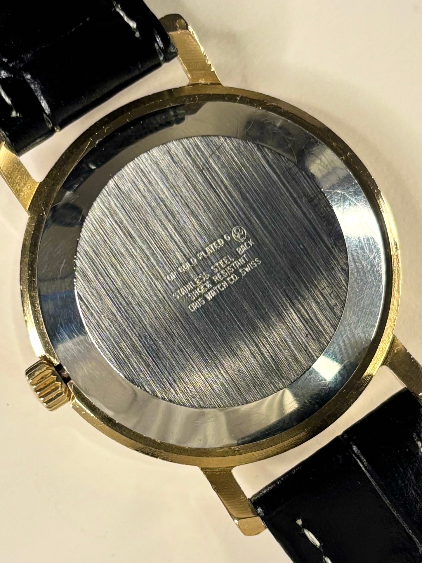 Vintage Oris 1973 timekeeper — 35mm gold-plated case, manual wind movement with polished caseback and classic dial