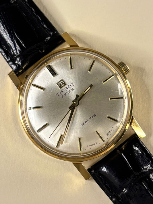 Vintage Tissot Seastar 1986 gold plated men’s dress timekeeper showcasing elegant Swiss design with original box