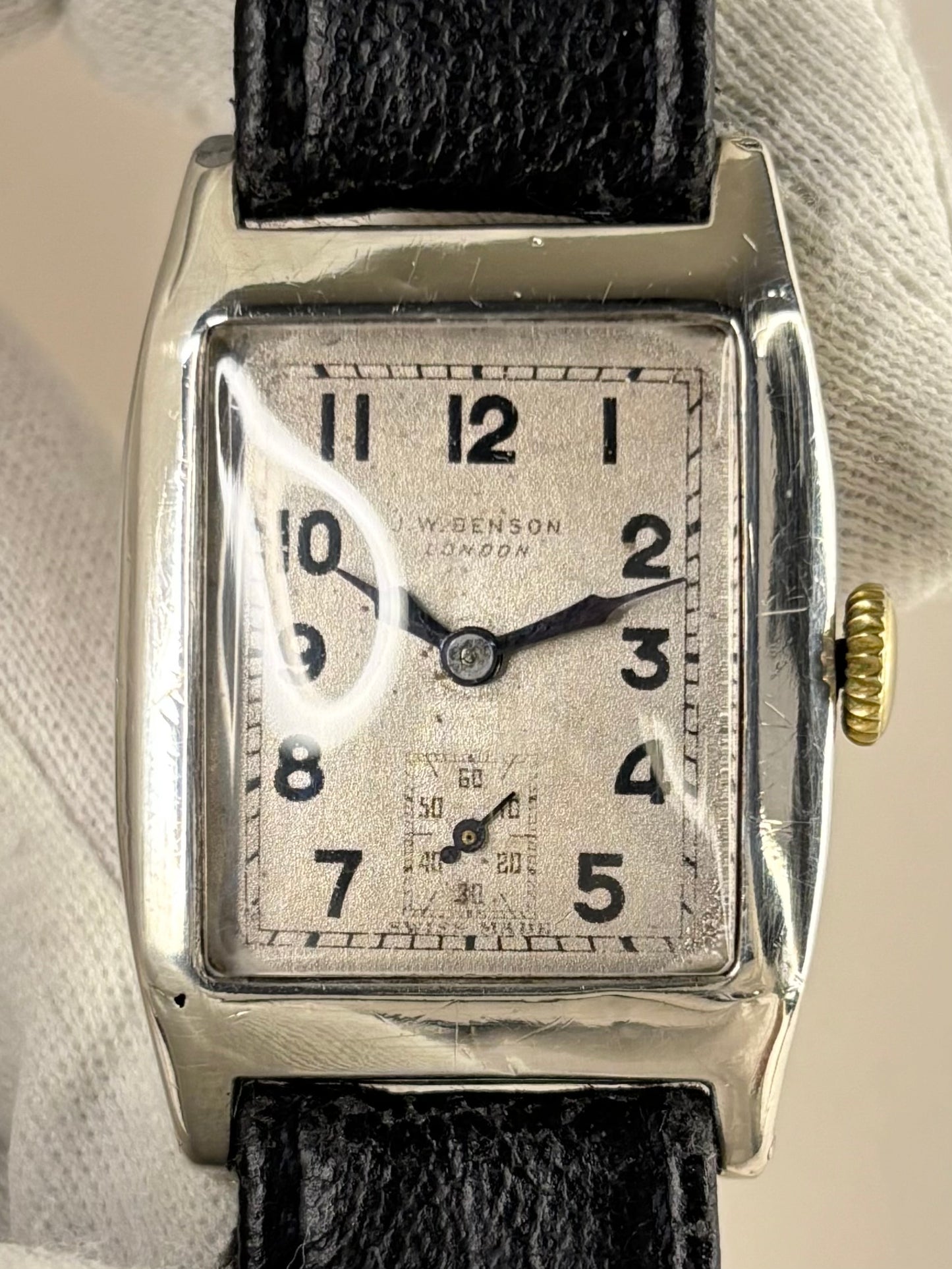 J W BENSON Solid Silver *BOXED* Vintage 1940’s Men’s Manual Sub-Seconds Tank Watch