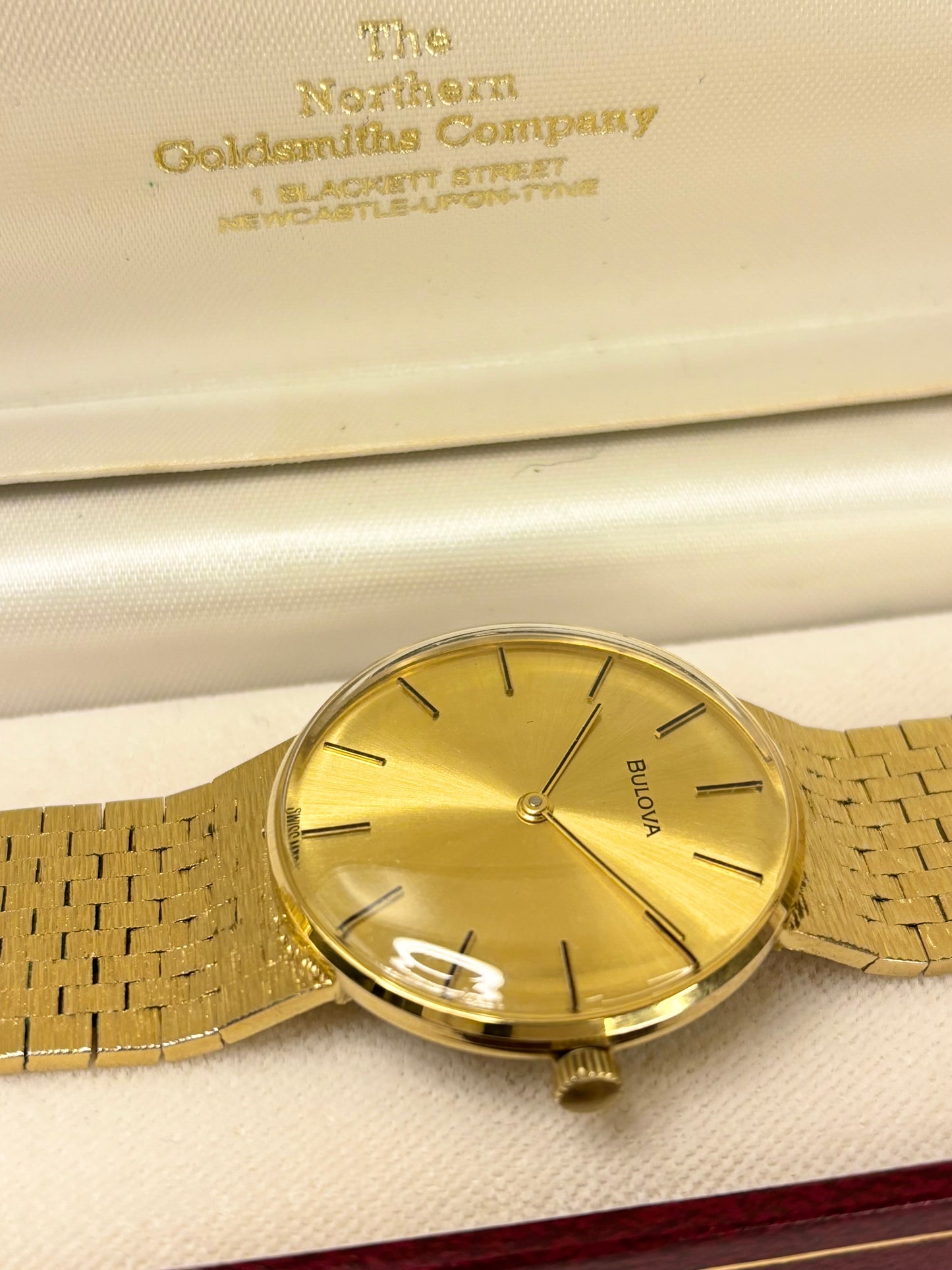 1974 Bulova dress timepiece — 34mm gold-plated case, manual wind movement timekeeper with gold dial in great condition