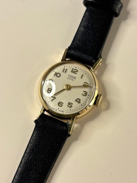 Vintage Tudor Royal 1958 ladies 9ct gold timekeeper showcasing elegant mid-century Swiss design
