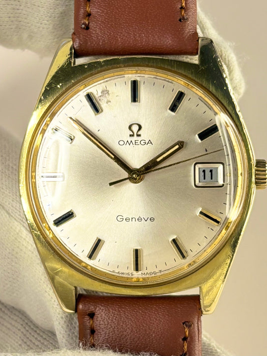 Vintage Omega Genève timepiece 1970 — reference 136.041 with 35mm gold-plated case and calibre 613 manual movement
