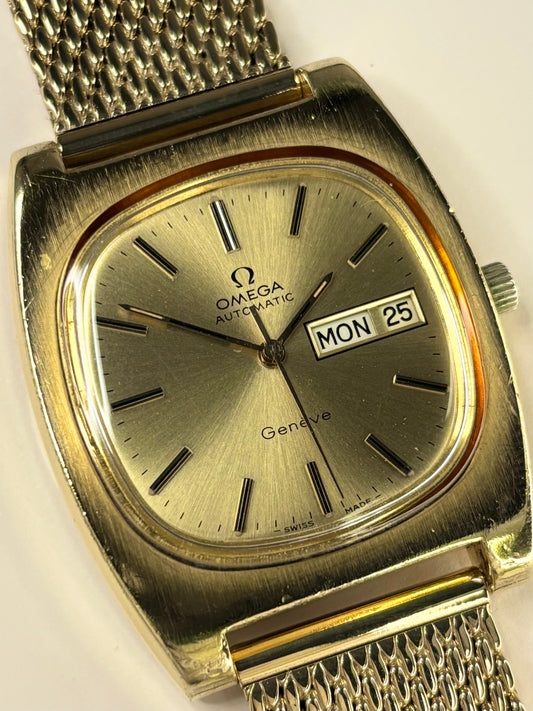 Vintage Omega Genève Ref. 166.0188 men’s gold plated dress timekeeper showcasing elegant 1970s Swiss style