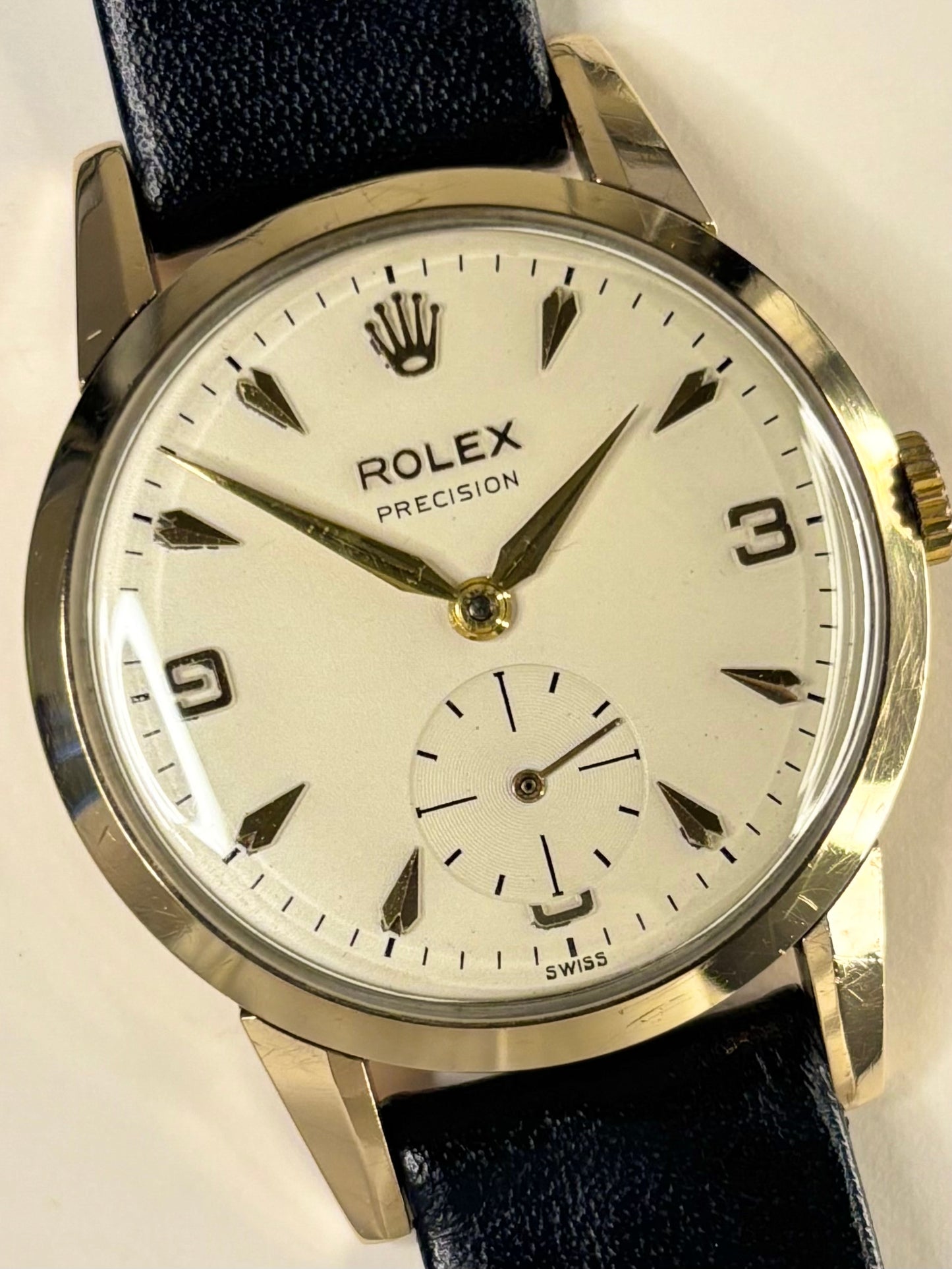 1954 Rolex Precision vintage men’s watch with 9ct gold case, 16mm lugs, manual wind, original papers