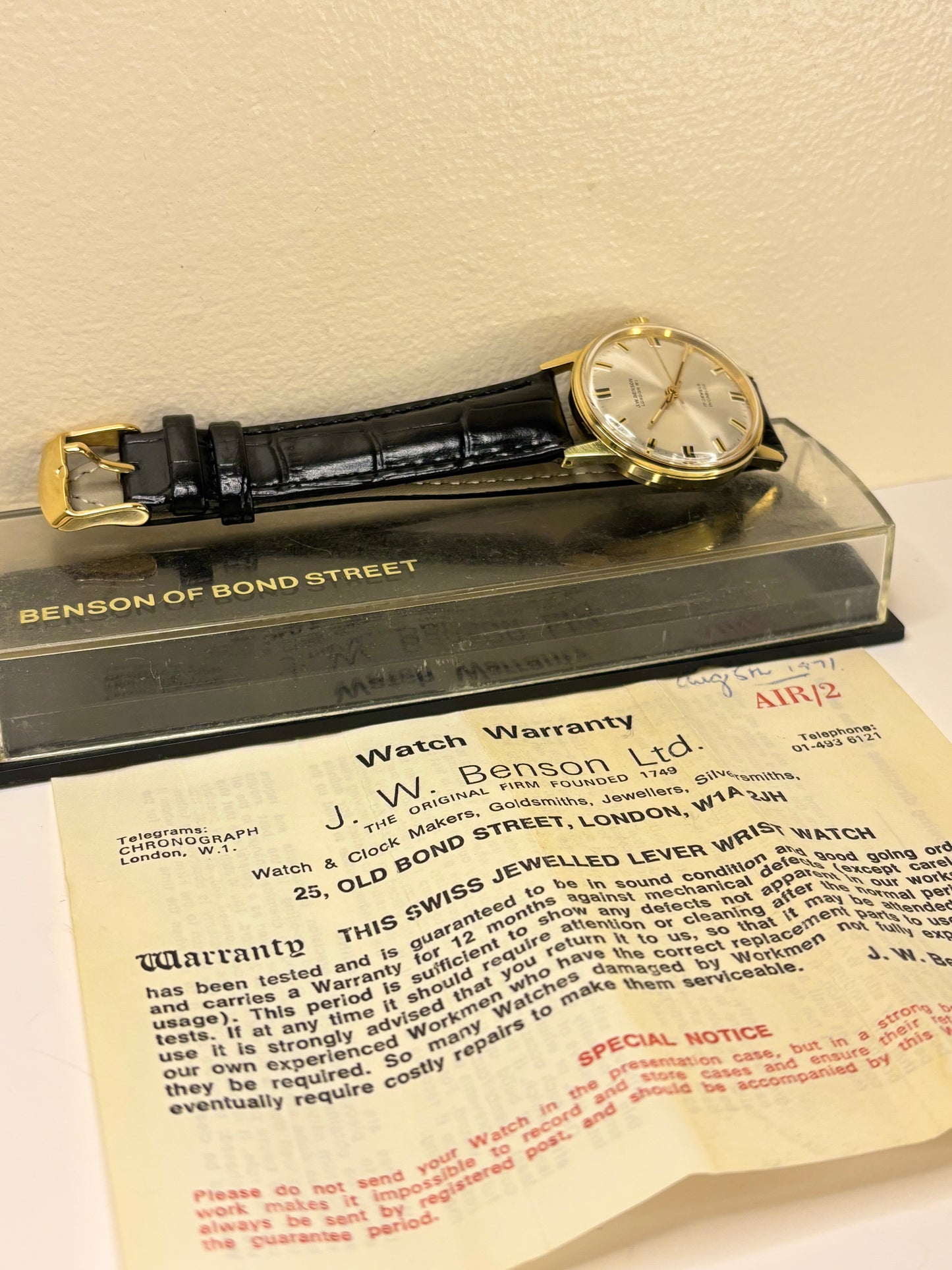 1969 J.W. Benson men’s dress watch gold plated case sunburst dial