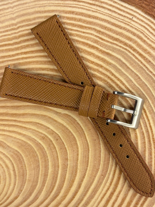 Luxury handmade premium brown Saffiano leather watch strap crafted from high quality calfskin