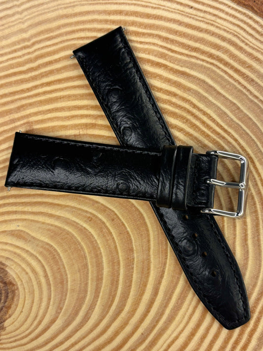 Luxury handmade premium ostrich grain leather watch strap in black with colour matched stitching