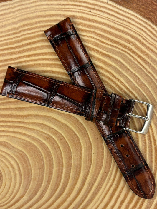 Luxury handmade premium Italian alligator grain leather watch strap in brown for high end watches