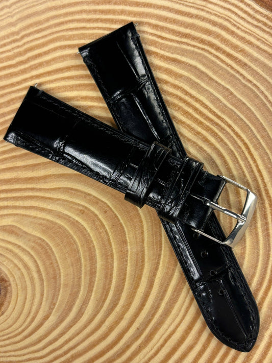 Luxury handmade premium black Italian alligator grain leather watch strap crafted in Italy